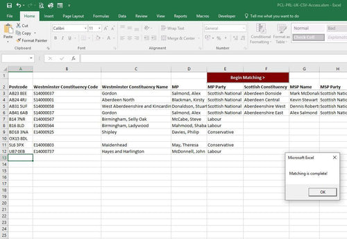 The Postcode to Parliamentary Constituency Automated Matching Excel Spread Sheet