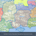 Southern Postcodes coloured by Ceremonial County name
