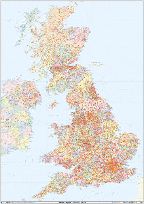 UK Postcode District Map Sheet With County Shading