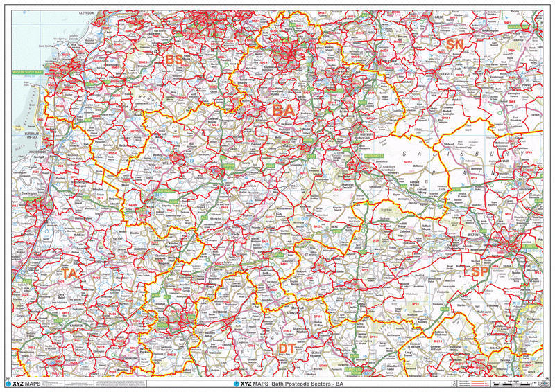 Large Laminated Bath Postcode Wall Map