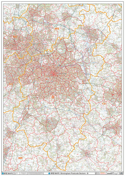 Large Laminated Birmingham Postcode Wall Map
