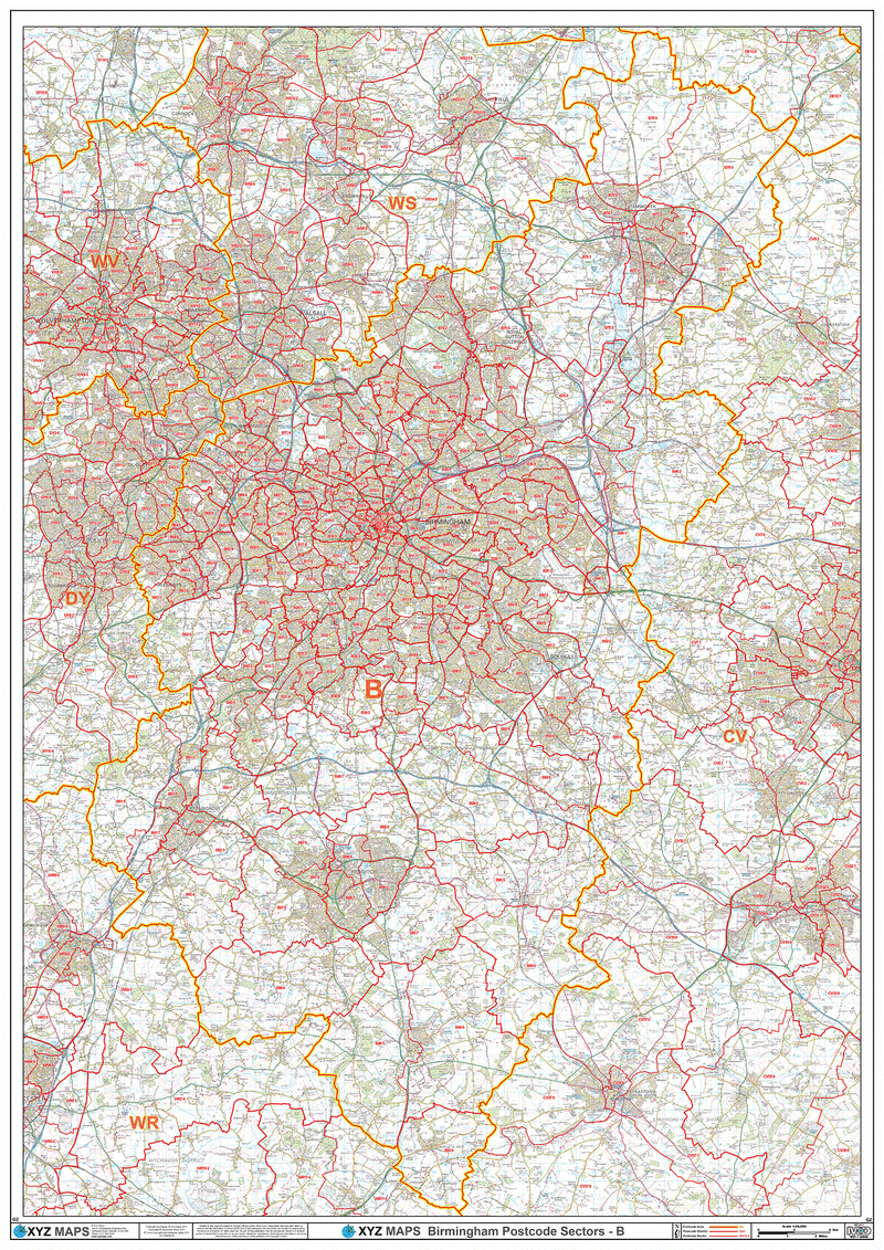 Large Laminated Birmingham Postcode Wall Map