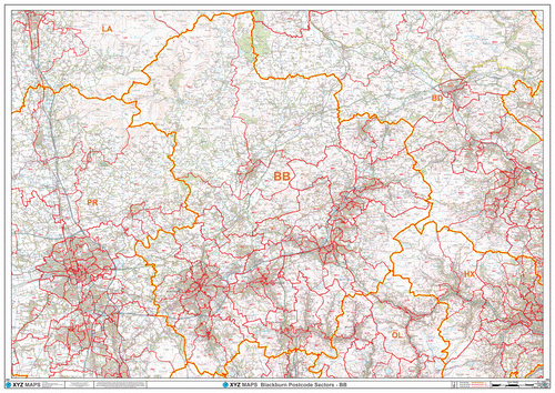 Large Laminated Blackburn Postcode Wall Map