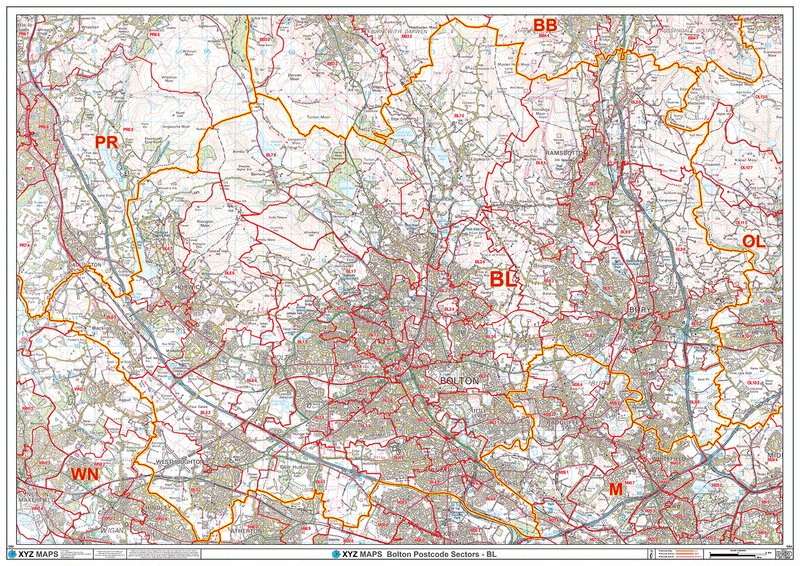 Large Laminated Bolton Postcode Wall Map