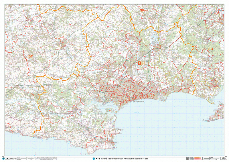 Large Laminated Bournemouth Postcode Wall Map