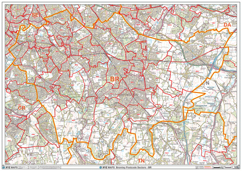 Large Laminated Bromley Postcode Wall Map