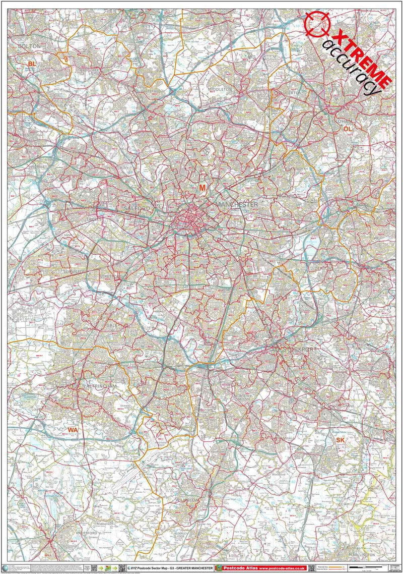 GreatePostcode r Manchester Area Laminated Postcode Sector Map – Map Logic
