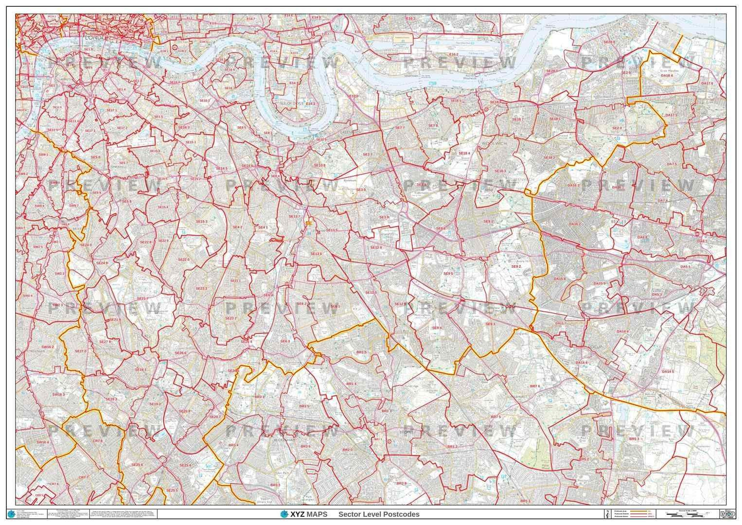 London Postcode Map for the SE Postcode Area GIF or PDF Download – Map ...