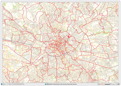 Manchester City Postcode Street Wall Map