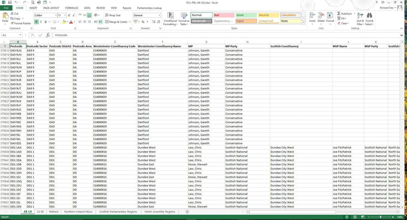 Postcode and Parliamentary Constituency Data in Excel